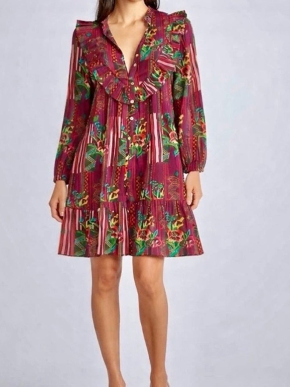 Ro’s Garden Women’s Roma Campeche Burgundy Floral Ruffle Button Up Dress Sz XL